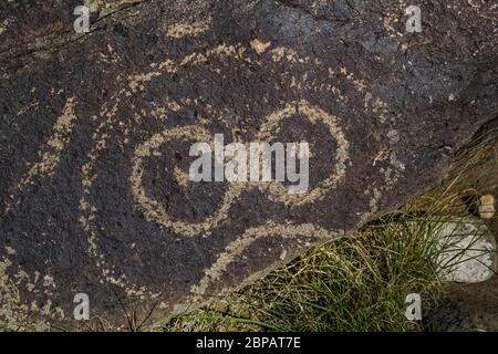 Squisito esempio di arte rock che mostra maschera, creato molto tempo fa da Jornada Mogollon persone a tre fiumi Petroglyph sito nel nord Chihuahuan Des Foto Stock