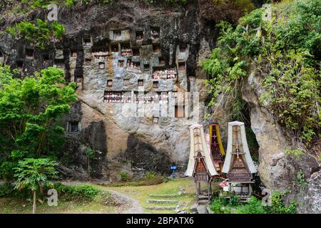 Tombe di roccia con tau ta a Leha, Tana Toraja, Sulawesi, Indonesia. Foto Stock