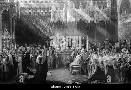 Incoronazione ritratto della Regina Vittoria d'Inghilterra nel 1838 di Henry Thomas Ryall e Henry Bryan Hall, dopo Sir George Hayter, incisione, pubblicato nel 1842 Foto Stock