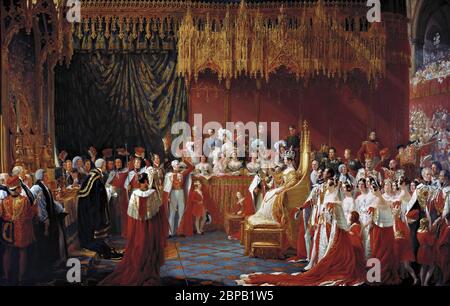 Pittura dell'incoronazione della regina Vittoria d'Inghilterra. L'incoronazione della Regina Vittoria nell'Abbazia di Westminster, 28 giugno 1838 di Sir George Hayter, olio su tela, 1839 Foto Stock