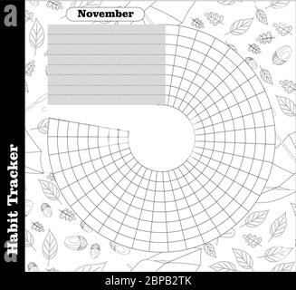 Il tracker di abitudine è vuoto. Modello rivista bullet. Pianificatore mensile. Illustrazione vettoriale. Organizer per stampa, diario, pianificatore per scopi importanti Illustrazione Vettoriale
