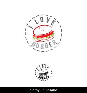 Etichetta Burger vintage Vector. Illustrazione di fast food monocromatico disegnata a mano. Ideale per elementi con logo, poster, icone, adesivi o etichette. Illustrazione Vettoriale