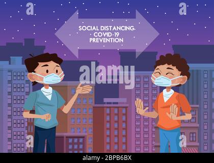 uomini che usano maschere facciali e praticano la distanza sociale in città Illustrazione Vettoriale
