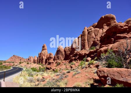 Strada curva che attraversa le formazioni rocciose rosse e la vegetazione verde del Parco Nazionale Arches nello Utah, vicino alla città di Moab. Bei cieli blu. Foto Stock