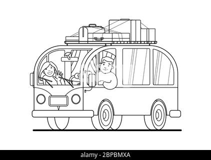 La famiglia viaggia su un minivan; un uomo guida, una donna le ondeggia la mano. Gente allegra di fumetti in un minivan retrò. Viaggio su strada, vacanza estiva, vettore illustra Illustrazione Vettoriale