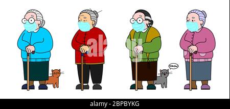 Vector Set immagine di una vecchia donna asiatica, cinese, coreana, mongolo, vietnamita con una canna. Donna anziana in pantaloni, concetto di senile. Isolato Illustrazione Vettoriale