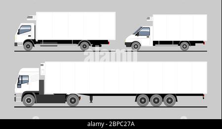 Serie vettoriale di diversi veicoli refrigerati, semirimorchio laterale, vista laterale. Modello vuoto per veicoli pubblicitari. Trasporto merci, consegna Illustrazione Vettoriale