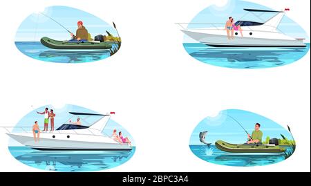 Speed Boats per ricreazione semi flat vettore illustrazione set Illustrazione Vettoriale