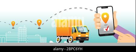 Servizio online di applicazione di consegna rapida per smartphone; camion con consegna degli ordini. Uomo che segue un ordine utilizzando il suo smartphone. Una strada cittadina nel backg Illustrazione Vettoriale
