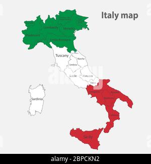 Mappa dell'Italia nei colori della bandiera con vettore divisioni amministrative Illustrazione Vettoriale