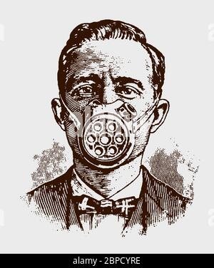 Ritratto di un uomo del 19 ° secolo con una maschera antica o respiratore Illustrazione Vettoriale