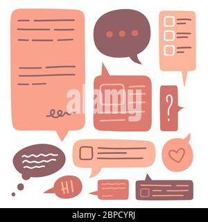Insieme di simpatici bubbles vocali vettore icone raccolta. Doodle disegnata a mano. Elementi decorativi. Illustrazione vettoriale colorata in stile piatto. Illustrazione Vettoriale