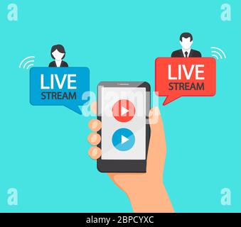 Live streaming tramite telefono cellulare, riunione online. Illustrazione Vettoriale