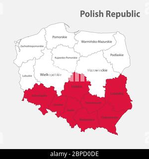 Mappa della Polonia nei colori della bandiera con vettore divisioni amministrative Illustrazione Vettoriale