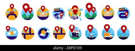 GPS Global Positioning system Direction map icon set full color bianco isolato moderno stile cartoon piatto. Illustrazione Vettoriale