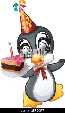 Buon pinguino cartone animato che tiene torta di compleanno Illustrazione Vettoriale