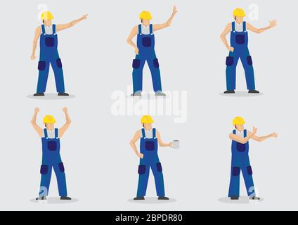 Set di sei illustrazioni vettoriali di cartoni animati da lavoro che indossano casco protettivo giallo e tuta blu in vari gesti isolati Illustrazione Vettoriale