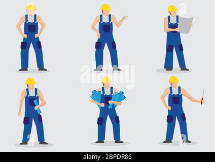 Set di sei illustrazioni vettoriali di operai edili che indossano abiti da lavoro blu e casco giallo in vari gesti e posa isolata su p Illustrazione Vettoriale