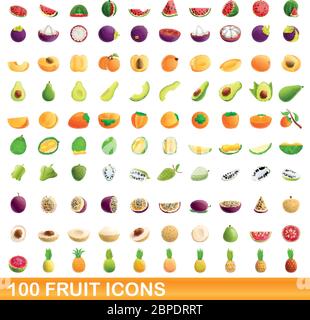 100 frutta set di icone. Cartoon illustrazione di 100 frutti icone set di vettore isolato su sfondo bianco Illustrazione Vettoriale