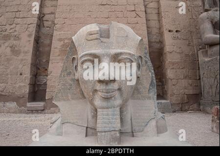 Grande statua testa di Ramses II faraone presso l'antico tempio egiziano Luxor Foto Stock