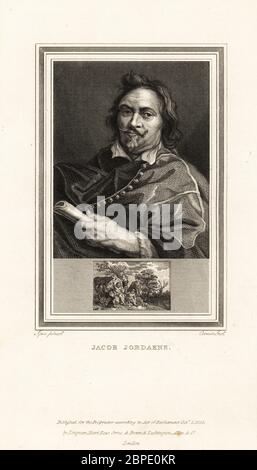 Ritratto di Jacob Jordaens, pittore fiammingo, disegnatore e arazzo noto per la sua storia dipinti, scene di genere e ritratti, 1593-1678. Medaglione mostra Mercurio e Argus. Incisione in acciaio di John Corner dopo un autoritratto di Jordaens da Ritratti di celebri Pittori con medaglioni dalle loro migliori prestazioni, Longman Hurst, Rees, Orme & Brown, Londra, 1825. Foto Stock