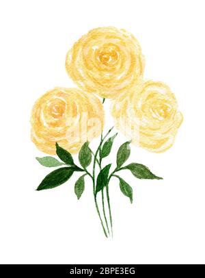 bouquet di rose gialle isolato su bianco, acquerello botanica illustrazione con rose gialle in fiore Foto Stock