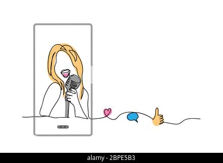Ragazza che canta sul microfono, karaoke. Semplice illustrazione vettoriale, sfondo. Influencer dei social media, cantante di cover song. Concetto di karaoke media con telefono Illustrazione Vettoriale