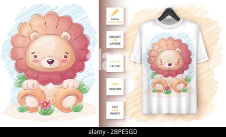 Simpatico poster e merchandising leone. Illustrazione Vettoriale