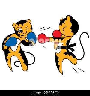 Vector cartoon due tiger cub carino giovani arti marziali, il calcio nella lotta Foto Stock