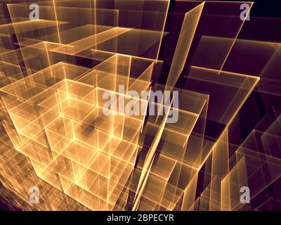 Astratto tecnologia sfondo immagine generata dal computer di cubi dorati incandescenti disegnati l'uno sull'altro su uno sfondo scuro. Disegno frattale per il disegno di fotoricettore, b Foto Stock