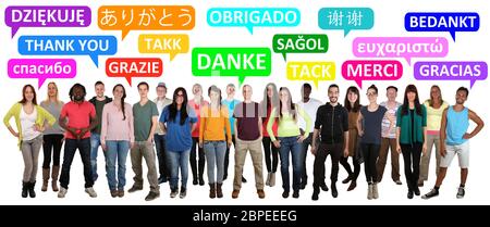 Multikulturell People Gruppe junge Leute sagen danke in verschiedenen Sprachen Foto Stock
