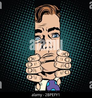 L uomo si apre porte di ascensori pop art in stile retrò. Bloccati in ascensore. Per aprire la porta. Un passaggio stretto Foto Stock