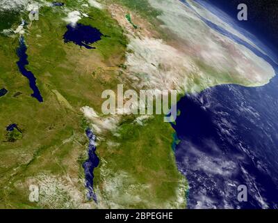 Tanzania con regione circostante vista dall'orbita terrestre nello spazio. Illustrazione 3D con superficie del pianeta estremamente dettagliata e nuvole nell'atmosfera Foto Stock