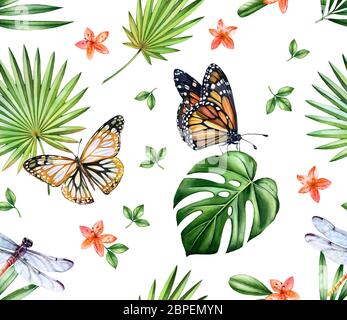 Motivo senza giunture tropicale acquerello. Farfalle Monarch, libellule e foglie di monstera isolate su bianco. Fiori di orchidee. Floreale botanico Foto Stock