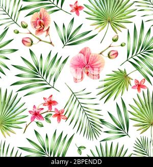 Motivo senza giunture tropicale acquerello. Fiori di orchidee rosa e foglie di palma isolate su bianco. Fondo floreale disegnato a mano per la superficie Foto Stock