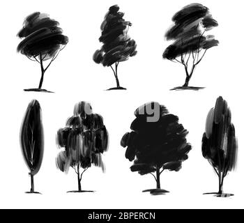 Albero insieme elementi floreali, natura, disegno a mano disegno disegno disegno arte dipinto con acquerelli isolati su sfondo bianco Foto Stock