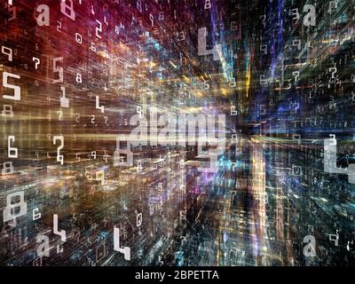 Luci della serie Digital World Digital City. Disposizione di frattali e numeri tridimensionali sul tema dei computer, della scienza, dei reali virtuali Foto Stock