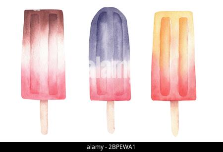 La clistpart dei popsics di acquerello è isolata su sfondo bianco. Elementi grafici per gelato dolce estivo. Illustrazione disegnata a mano. Foto Stock