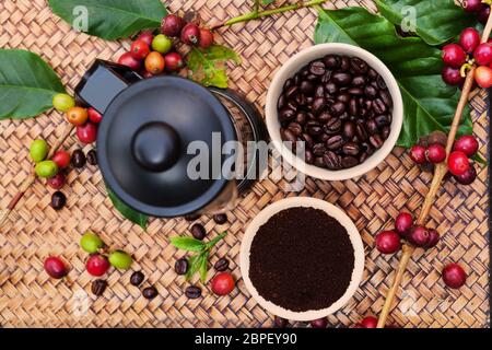 Caffè Fair trade background. Cofffea frutta, foglie, chicchi di caffè tostati dal di sopra su sfondo di legno. Foto Stock