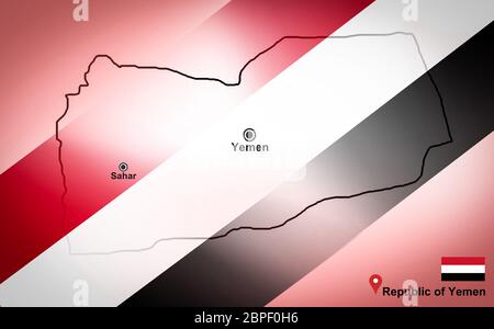 Mappa di Yemen e Sahar con mappa della posizione perno e Yemen bandiera sulla mappa di viaggio di Asia - Repubblica dello Yemen Foto Stock