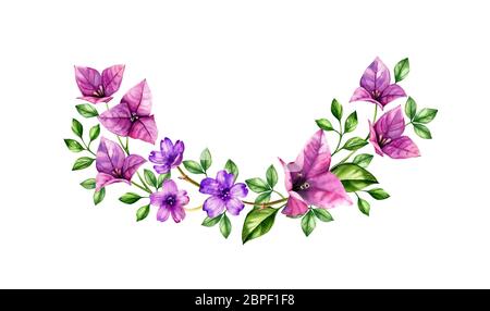 Acquerello tropicale. Branchi violetti di bouganvillea in configurazione ad arco. Sfondo tropicale dipinto a mano. Illustrazioni botaniche isolate su Foto Stock