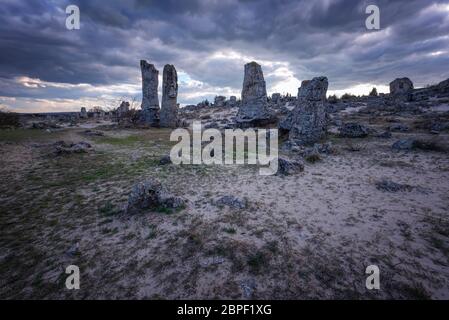 Fenomeno formazioni rocciose in Bulgaria intorno a Varna - Pobiti kamani. Luogo turistico nazionale. Pietra verticale. Montante di massa in Bulgaria Foto Stock