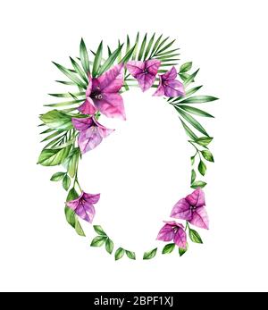 Sfondo floreale acquerello. Cornice ovale verticale e posizione per il testo. Fiori viola bouganvillea. Modello di banner tropicale isolato su bianco per Foto Stock