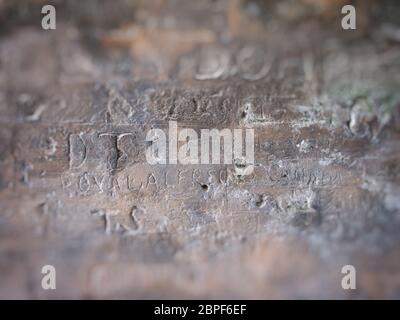 Incisi scritti sul muro di pietra Foto Stock