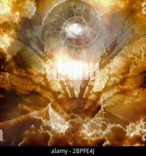 Vivida pittura surreale. Tuta, rami di albero, spirale di tempo. Foto Stock