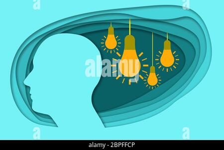 Carta da carve a testa umana e lampadina, rendering 3D Foto Stock