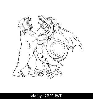 Schizzo di disegno illustrazione dello stile di un orso wrestling, giostre, sparring o combattendo contro un drago cinese isolato su sfondo bianco fatto in bianco e nero e Foto Stock