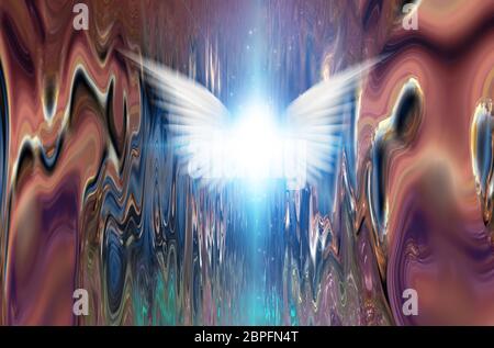 Shining angel wings al di sopra della superficie dell'acqua. Il rendering 3D Foto Stock