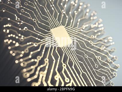 Intelligenza artificiale. Microchip e cervello connessioni sagomate. Gli impulsi elettrici, codici binari, attività cerebrale. Foto Stock