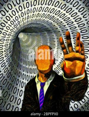 Pittura surreale. L'uomo senza volto in tuta avverte. Tunnel di codice binario su uno sfondo. Foto Stock